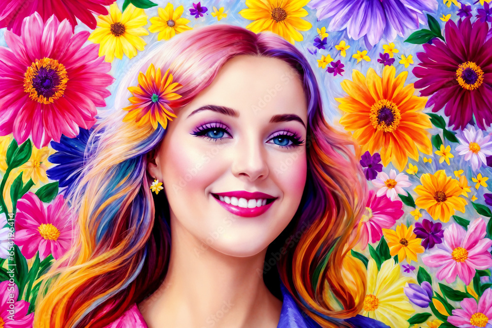 portrait of a beautiful girl posing on an abstract background decorated with flowers portrait of a beautiful girl posing on an abstract background decorated with flowers