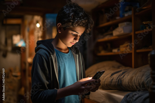 Indian boy using smartphone to late night