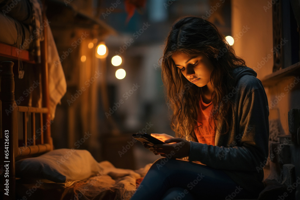 indian girl using smartphone at night.