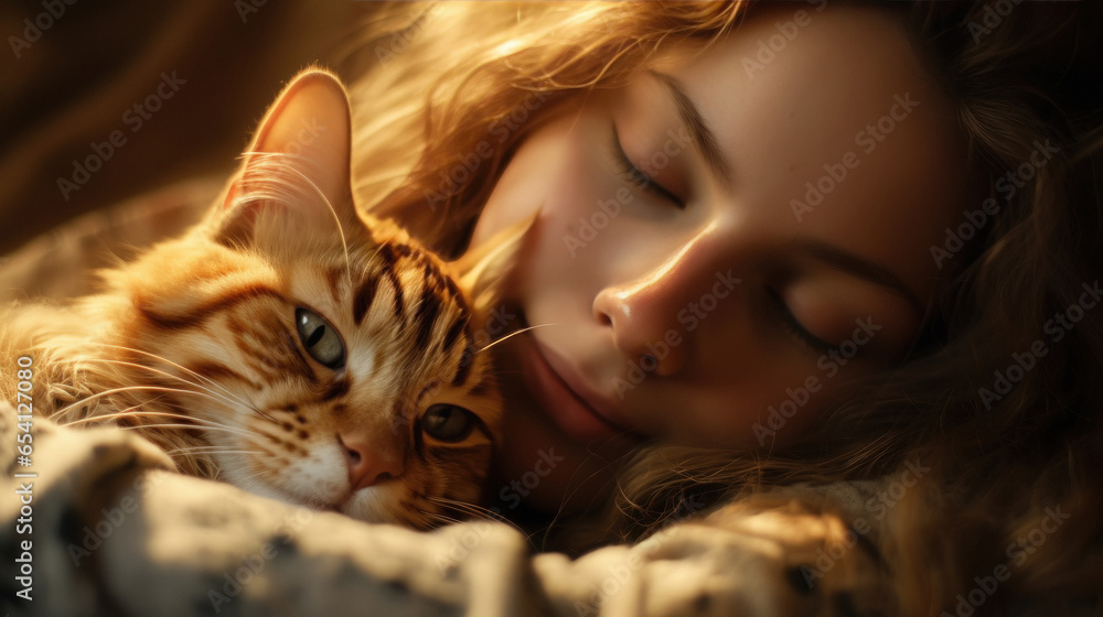 young and beautiful woman sleeping with cat