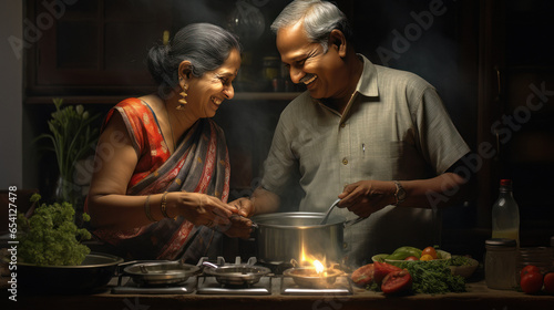 Indian senior couple cooking together