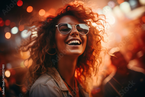 Happy laughing hipster woman with glasses having fun at music festival dancing in crowd of people in nightclub. Enjoying Caucasian young hippie woman at a party, lifestyle