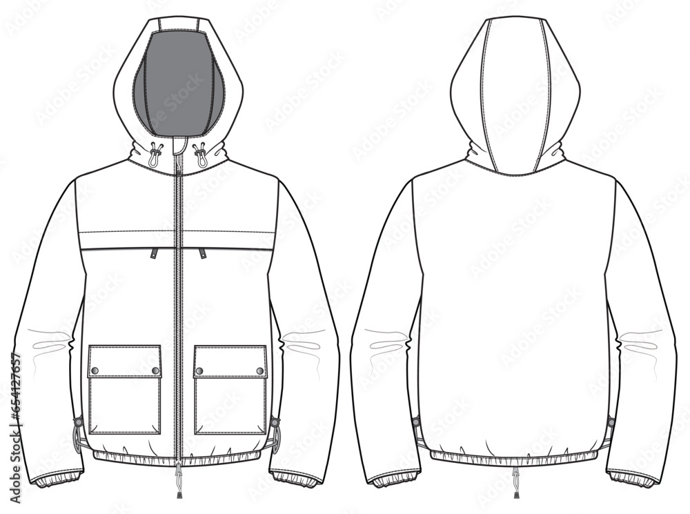 All weather  Hoodie jacket design flat sketch Illustration, Hooded sweater jacket with front and back view, Anorak winter jacket for Men and women. for hiker, outerwear and workout in winter - obrazy, fototapety, plakaty 