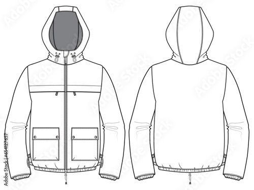 All weather  Hoodie jacket design flat sketch Illustration, Hooded sweater jacket with front and back view, Anorak winter jacket for Men and women. for hiker, outerwear and workout in winter photo