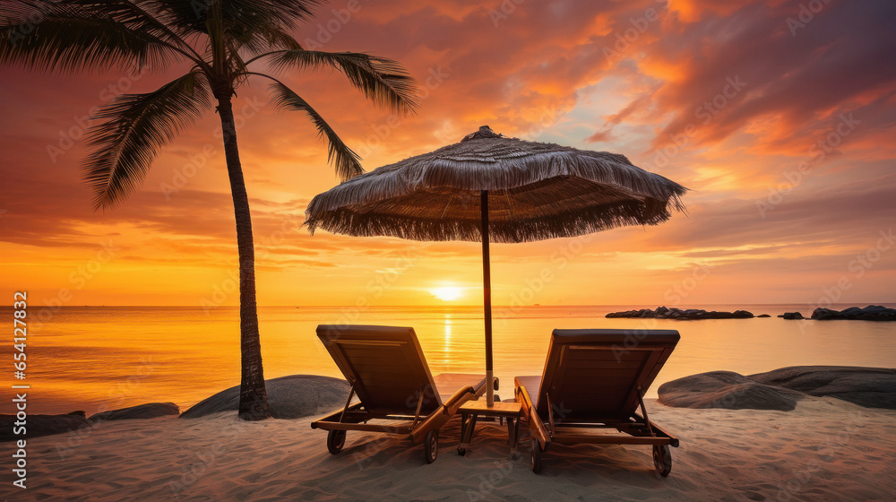 Beautiful tropical sunset scenery, two sun beds, loungers, umbrella under palm tree.