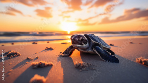 Baby turtle on beach with sun lights photo