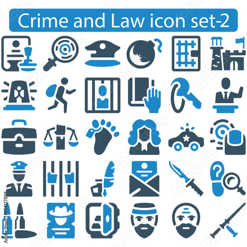 Crime, Law and Justice icon set.Containing justice law, court legal, lawyer, judgment, authority, criminal and prison icons. Vector illustration. Solid icon collection