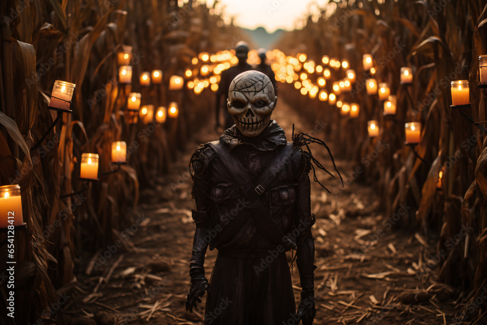 A spooky cornfield maze with menacing scarecrow figures and flickering lanterns, challenging visitors to navigate through the darkness. Generative Ai