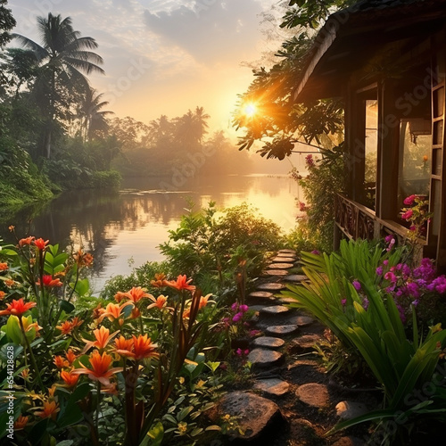 lakeside house, flowers, sunrise, countryside, tropical, Kerala