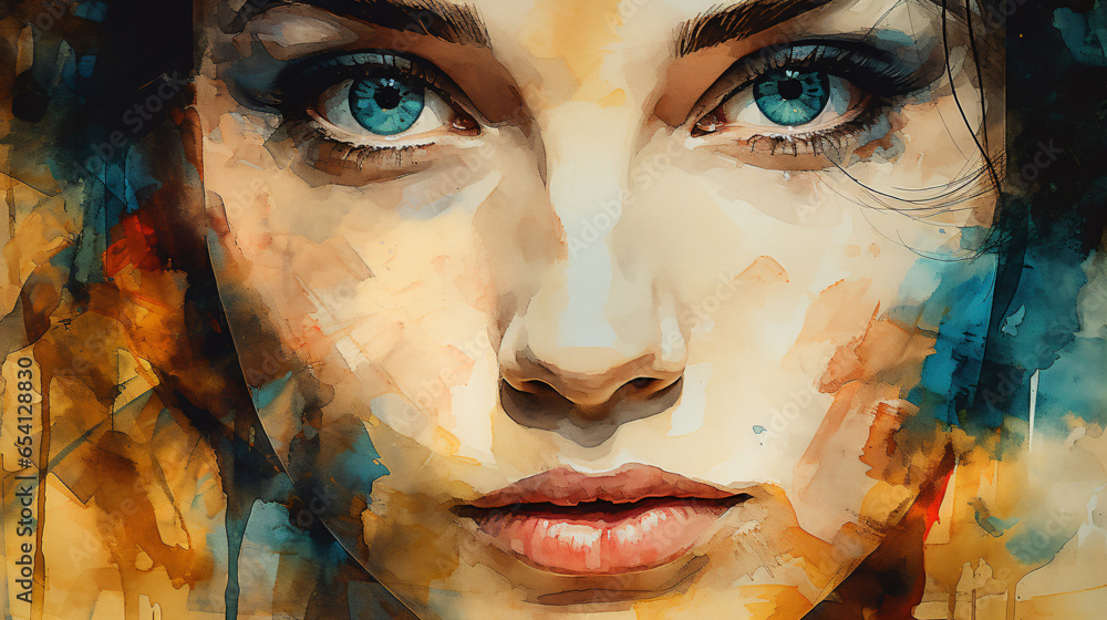 目力が強い碧眼の女性のアップ　青とオレンジの油絵アート