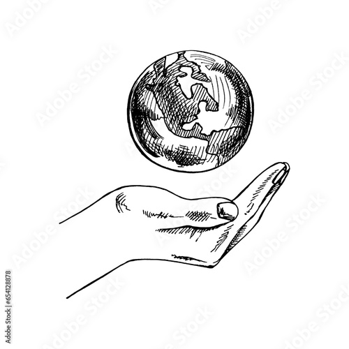 Hand-drawn sketch of Earth in hand.  Hold world in hands. Carry earth, one line globe in hand and global support concept. Doodle vector illustration. Vintage.