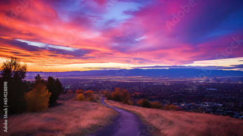 夕暮れの紫色の空と山と街並みが見える山道