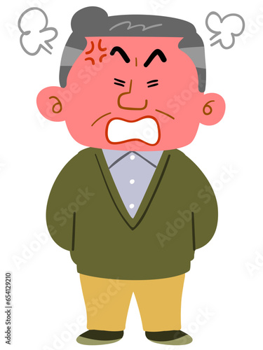顔を紅潮させて怒る普段着を着た中年男性　全身
