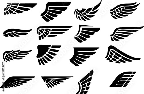 New Set of Wing icons, bird wings logo, flying eagle emblem. Minimal birds feathers badge, heraldic hawk or phoenix wing editable vectors. Angelic elements of different shapes. eps 10.