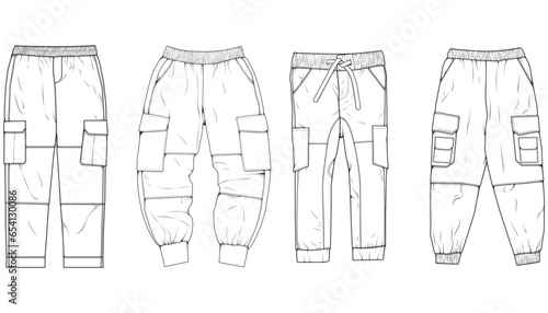 Cargo Pants fashion hand drawing technical  template. Cargo pocket fashion mockup for training.