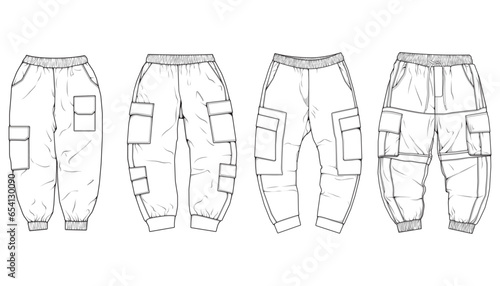 Cargo Pants fashion hand drawing technical  template. Cargo pocket fashion mockup for training.