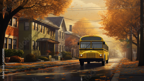 Painting of a school bus driving down the street near trees