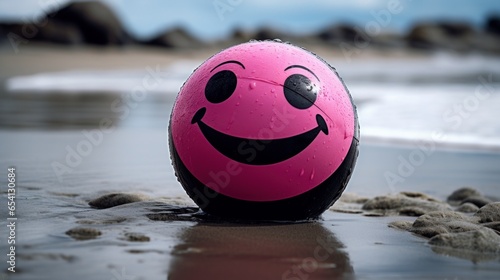 red color ball with a happy face on the beach photo