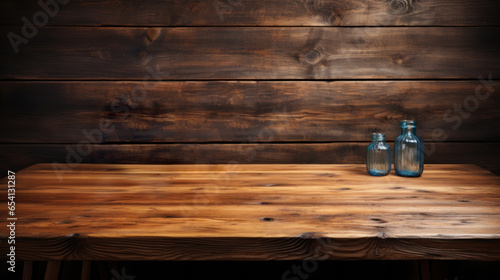 rustic wood table background with dark color tones two glass bottles on the side 