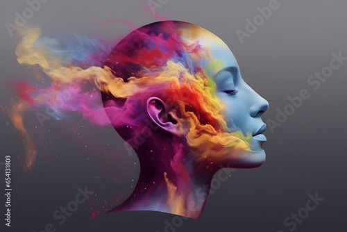 Human head ornate with colourful paint splashes. AI, thought, mind, knowledge, brain power concept.