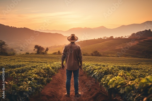 Farmer standing in the field at sunset. Agriculture and farming concept.