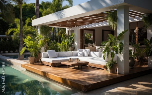 Tropical plants in a modern house outdoor garden lots of light with white chill out area  pergola  swimming pool. Generative AI