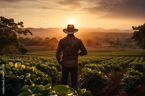 Farmer standing in the field at sunset. Agriculture and farming concept.