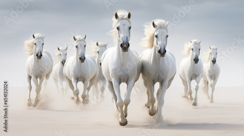 A group of white horses running in a line