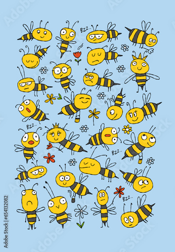 Funny Bees family. Beehive for your design. Vertical print background