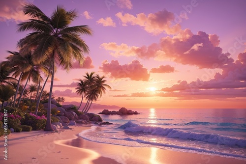 Palm Trees on Beach in Tropical Landscape, Sunset Time, using Generative Ai