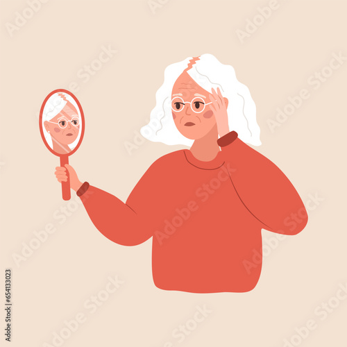 Baldness concept. Sad elderly woman loses her hair. Alopecia disease and problems of the scalp. Unhappy female character looking in mirror. Vector illustration in flat cartoon style.