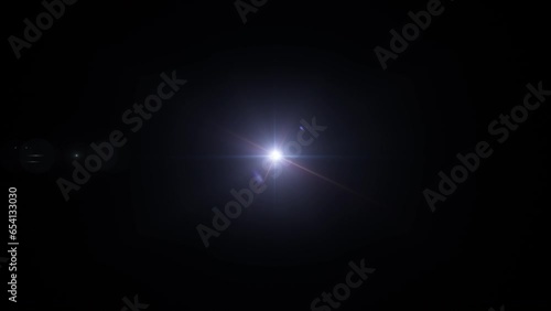 Abstract loop center flickering golw star blue optical lens flares shin animation on black background for screen project overlay. Lighting lamp rays effect dynamic bright photo