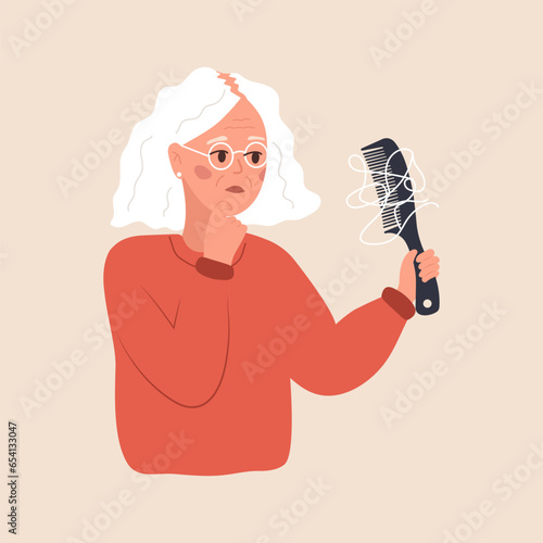 Alopecia concept. Sad elderly woman loses her hair. Baldness disease and problems of the scalp. Unhappy female character with hair brush. Vector illustration in flat cartoon style.