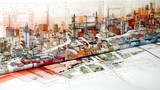 A detailed, technical blueprint showcasing urban planning and city zoning. A layout of a city, including residential, commercial, industrial zones and transportation routes and green spaces.