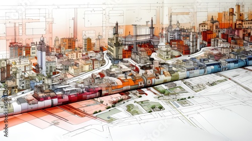 A detailed, technical blueprint showcasing urban planning and city zoning. A layout of a city, including residential, commercial, industrial zones and transportation routes and green spaces.