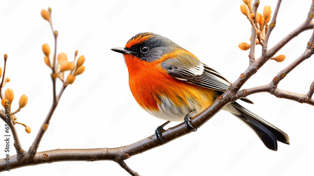 Fototapeta premium fascinated blue and orange bird perching on thin wood isolated on white background, Chinese blue flycatcher (Cyornis glaucicomans) Made with generative ai
