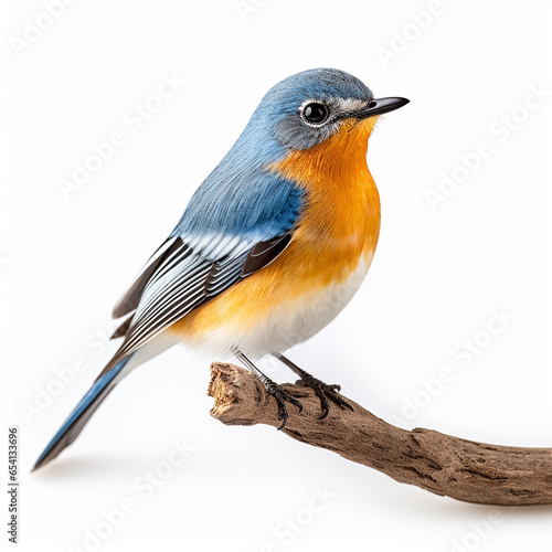fascinated blue and orange bird perching on thin wood isolated on white background, Chinese blue flycatcher (Cyornis glaucicomans) Made with generative ai © Farid