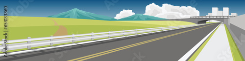 Vector or Illustration of landscape straight asphalt road cuts through wide open fields of green grass. Fences and walkways side of the road. Bridge crossing in front. Big city far away. under sky.