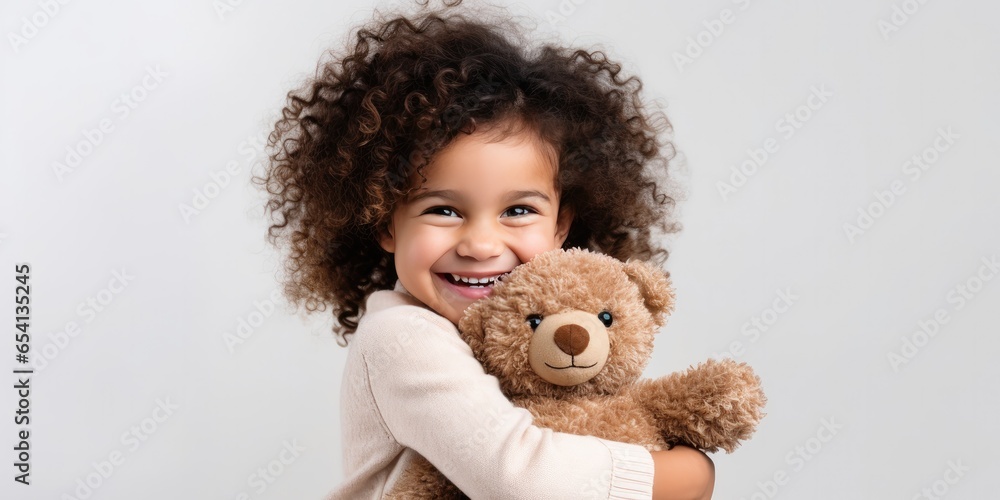 child hugs a bear doll on a white background, generative AI - obrazy, fototapety, plakaty 