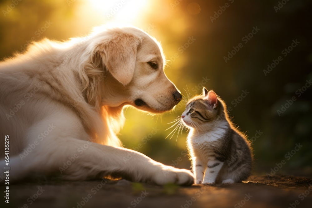 A dog kiss a cat little kitten - obrazy, fototapety, plakaty 