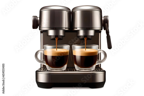 Black Coffee Machine Filling Two Cups at a Time On Transparent Background, Generative AI