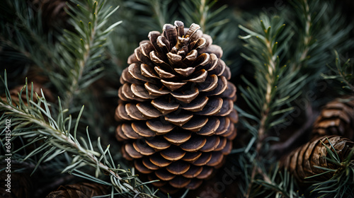 Closeup of a pine cone on a branch of a pine tree
