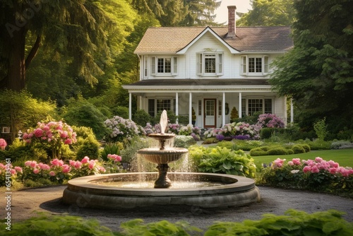 An image of a beautiful country home with a garden and fountain. Generative AI