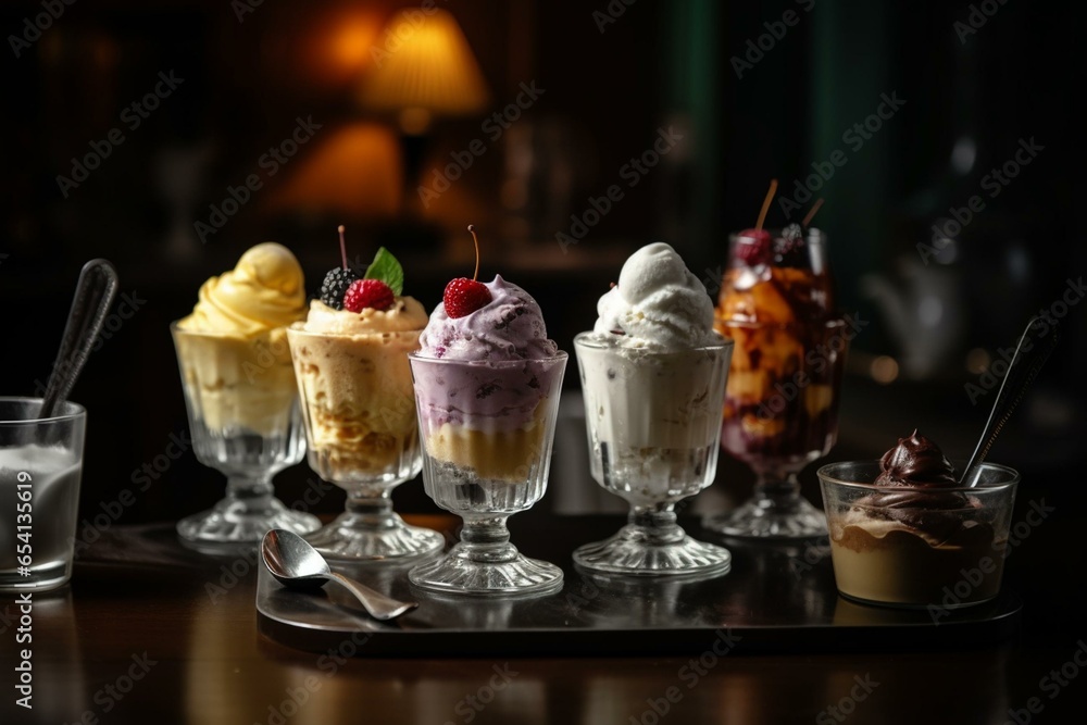 Assorted ice cream in glasses on a table. Generative AI