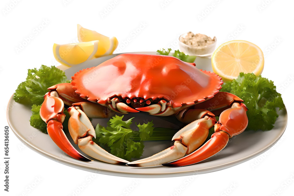 Cooke Crab On Plate With Lemon Herbs And Spices Seafood Boiled Red Stone Crabs Salad Isolated On a Transparent Background, Generative AI Cooke Crab On Plate With Lemon Herbs And Spices Seafood Boiled Red Stone Crabs Salad Isolated On a Transparent Background, Generative AI