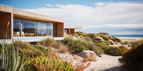 Modern house with a lot windows, sandy dunes. Generative AI
