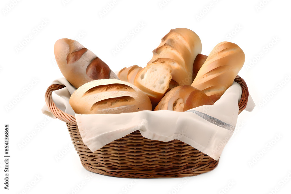 Different Kinds Of Fresh Bread In a Basket Isolated On a Transparent Background, Generative AI
