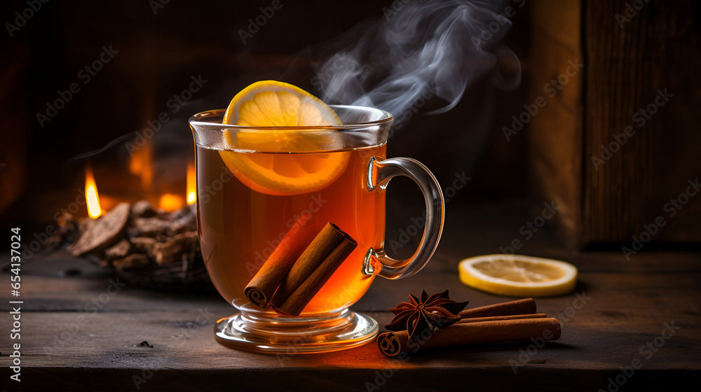 A hot cup of apple cider with a slice of lemon and cinnamon near a fireplace A hot cup of apple cider with a slice of lemon and cinnamon near a fireplace