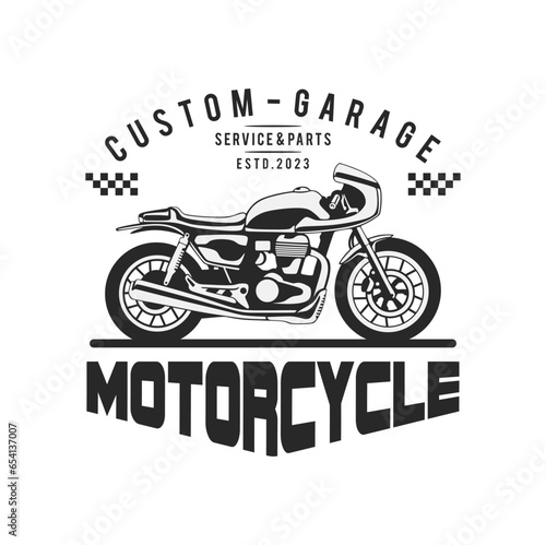 motorcycle custom garage illustration, motorcycle service and parts. vintage custom motorcycle emblems, labels, badges, logos, prints, templates.