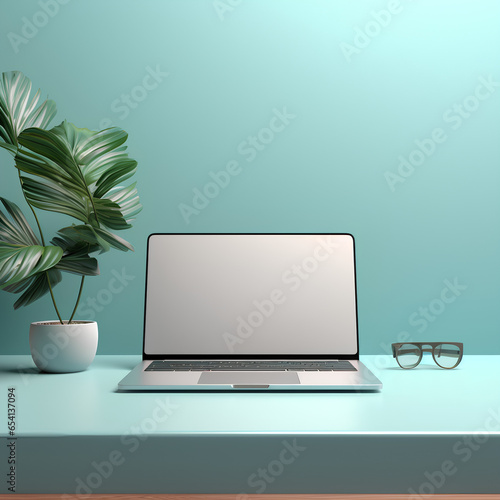 empty screen elegant silver laptop on table  mockup style  little plants  light blue wall  natural lighting  ultra realistic  created with Generative AI technology